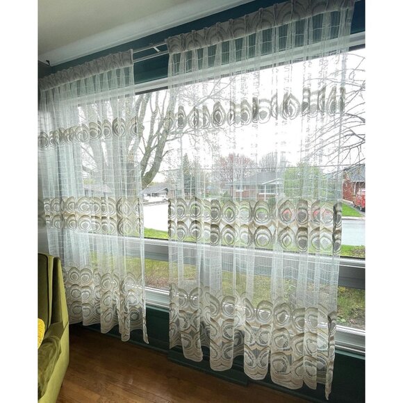 Vintage 70s pleated curtain, white with green/yellow groovy pattern, for 1 - Picture 2 of 10